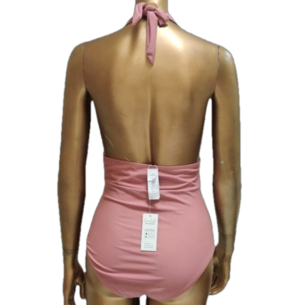 Cupshe Dusty Rose Pink Halter One Piece Swimsuit S Ruched Plunge NWT - Picture 7 of 8
